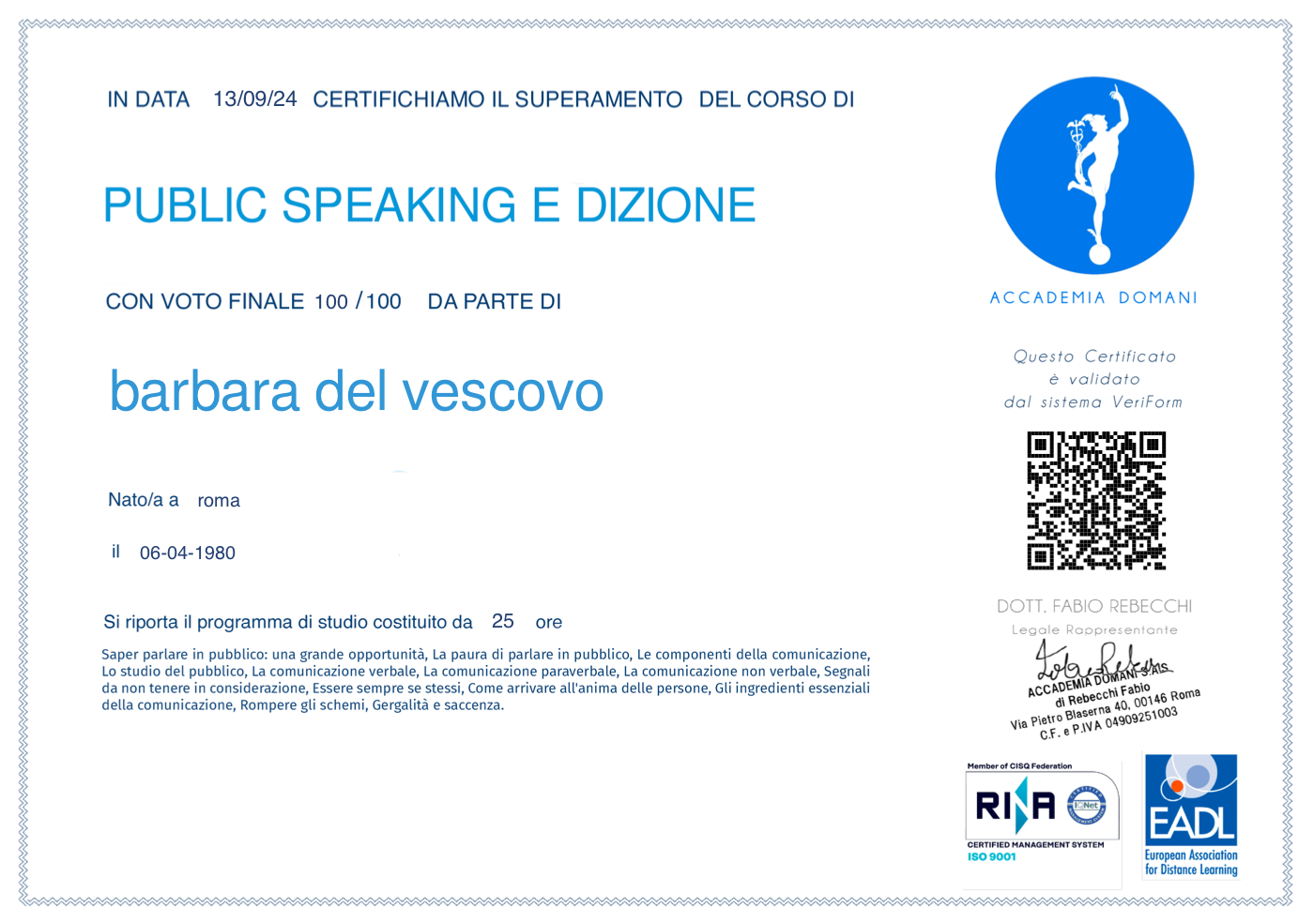 Attestato di dizione